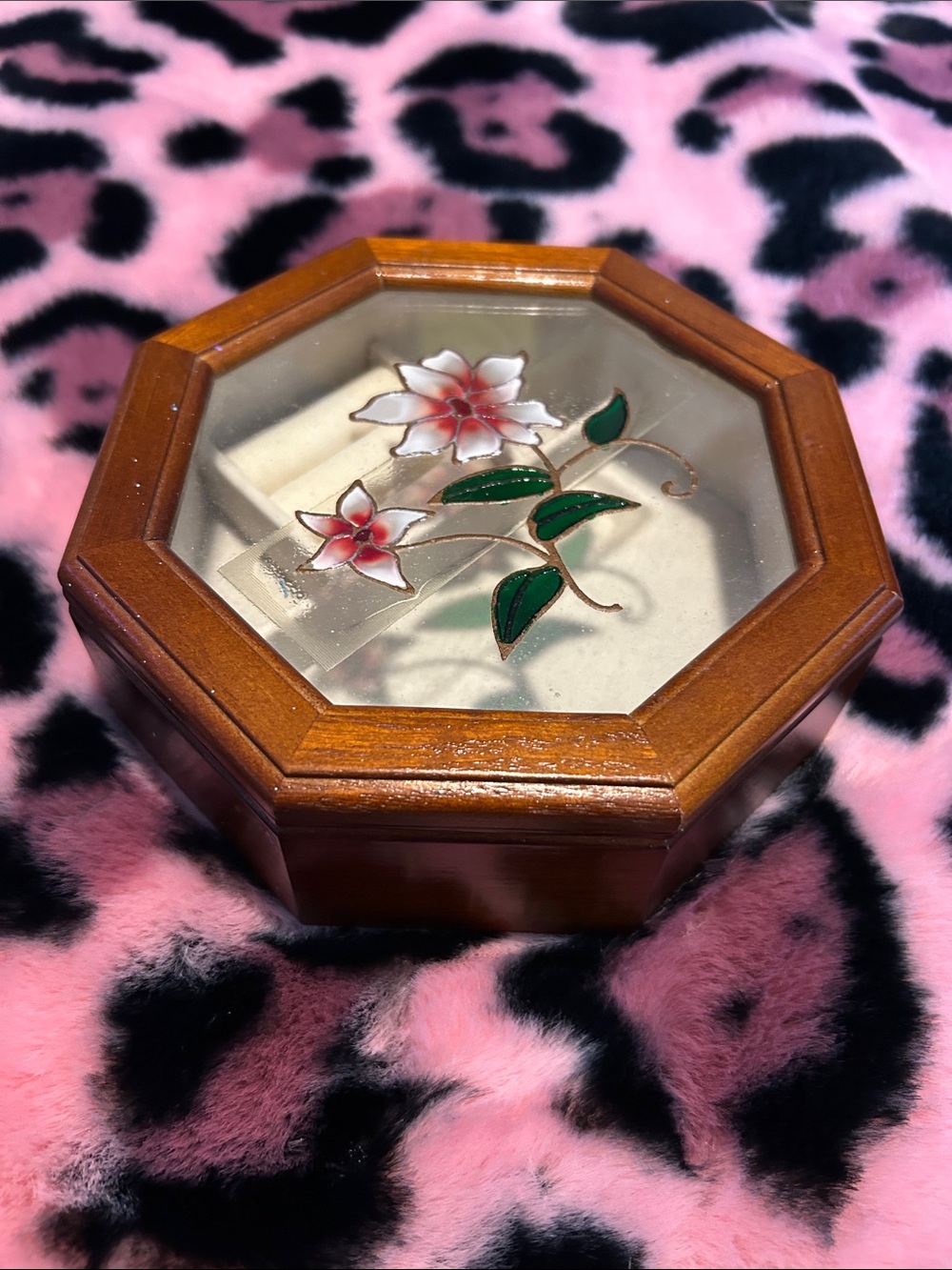 Octagonal Glass-Top Wood Jewelry Box with Pink Floral Inlay